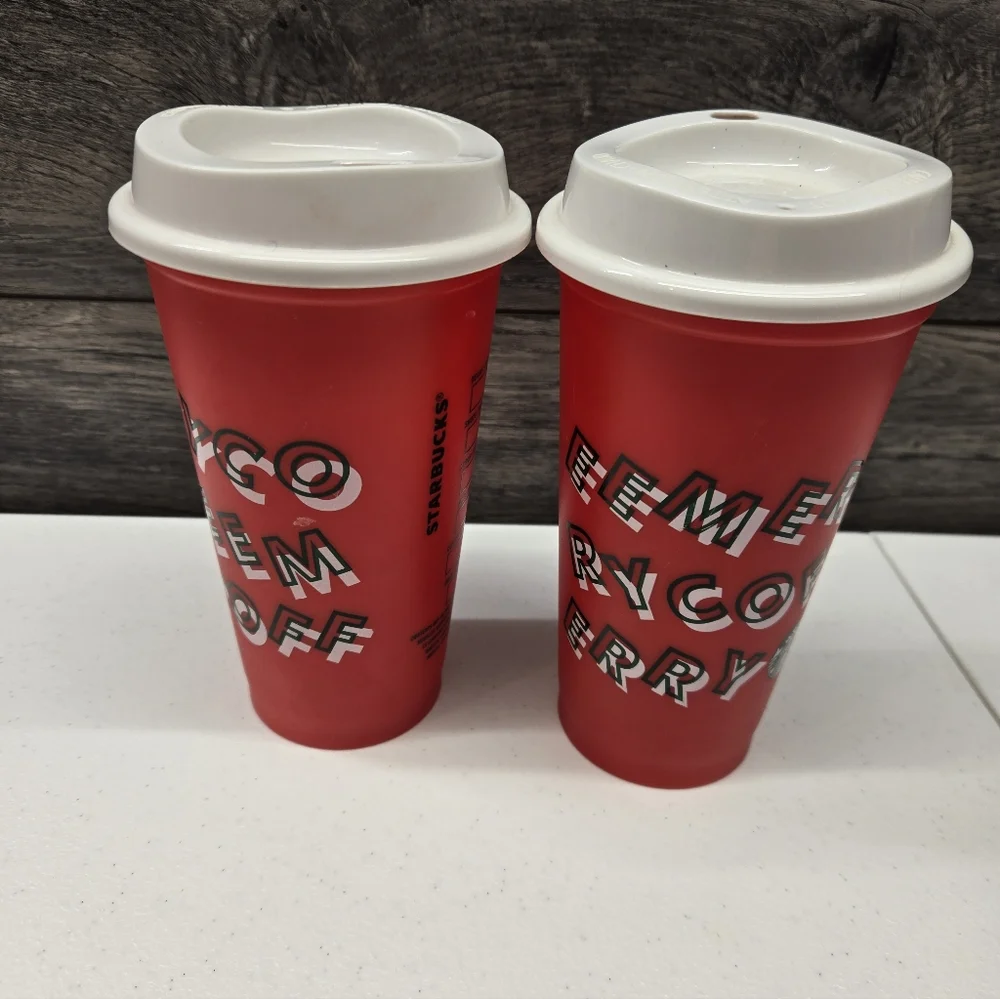 Starbucks Set of 2‎ Christmas Merry Coffee Reusable Hot Cups  16oz  2013